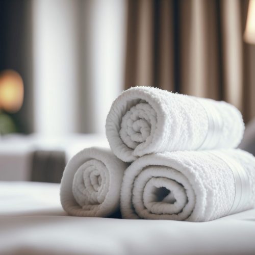 Rolled clean fresh cotton white towels indoors in a hotel. Generative AI,